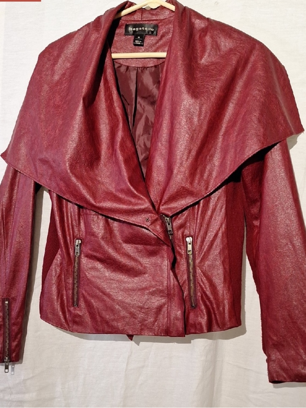 Bagatelle,Wine Cropped Bomber Jacket, Vegan Leather,Glam,Biker,Size 8 - Picture 10 of 10